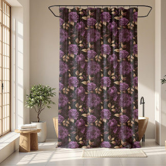 Gothic Violet And Gold Dark Botanical Pattern Shower Curtain