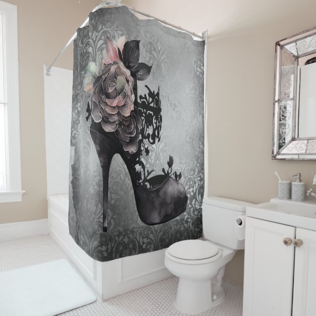 Gothic Vogue | Muted Pastel Rose Fashion Stiletto Shower Curtain (In Situ)