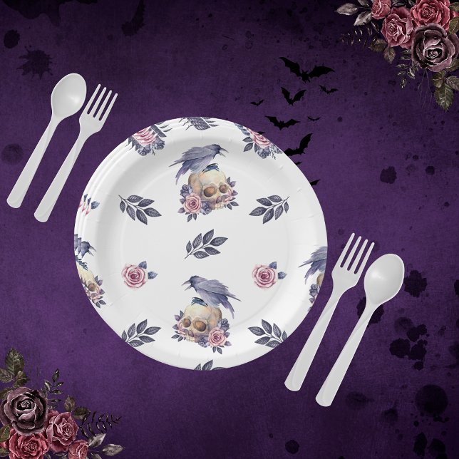 Gothic Watercolor Coffin & Raven Design Paper Plate (Creator Uploaded)