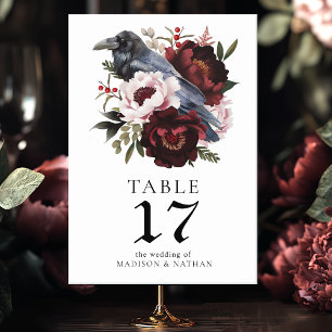 Gothic Watercolor Raven Floral Wedding Table Number
