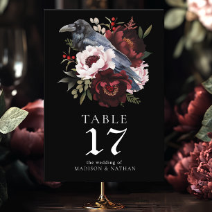 Gothic Watercolor Raven Floral Wedding Table Number