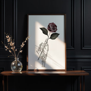 Gothic Watercolor Skeleton Hand Holding Rose Poster