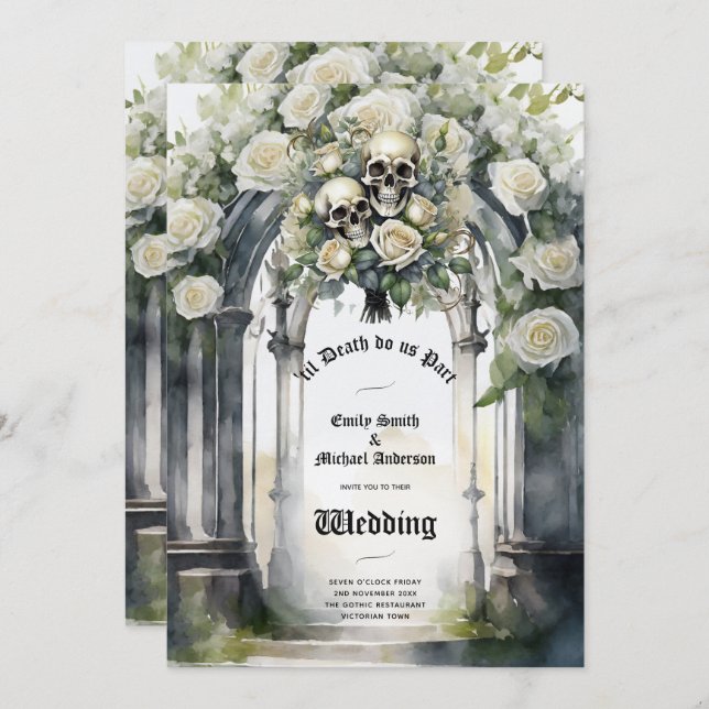 Gothic Wedding Black and White Roses Skulls Floral Invitation (Front/Back)