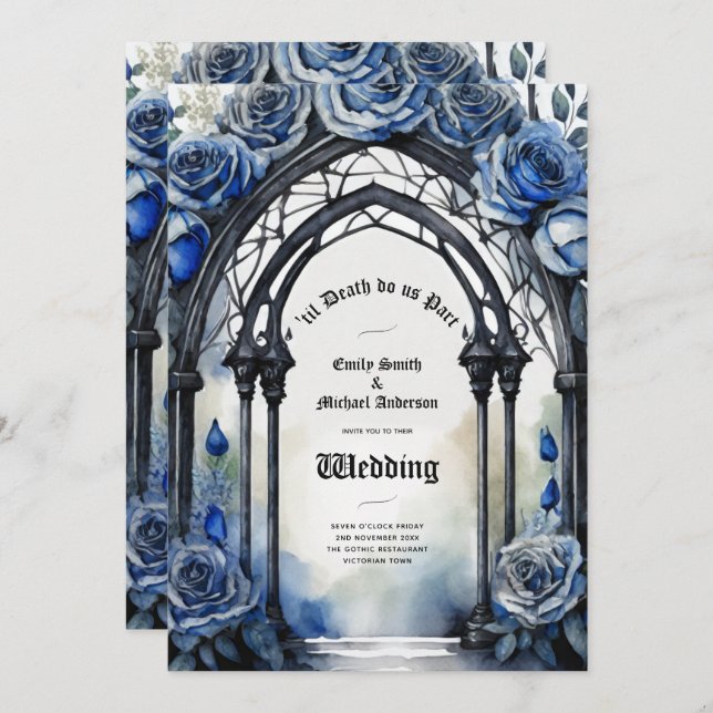 Gothic Wedding Black Blue Roses Arch Alternative Invitation (Front/Back)