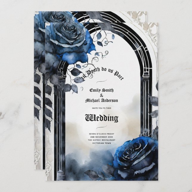 Gothic Wedding Black Blue Roses Arch Alternative Invitation (Front/Back)