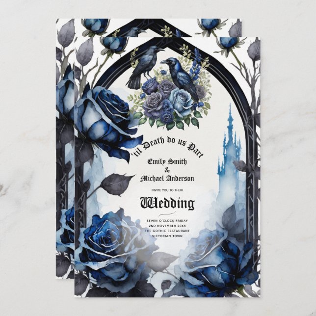 Gothic Wedding Black Blue Roses Ravens Invitation (Front/Back)