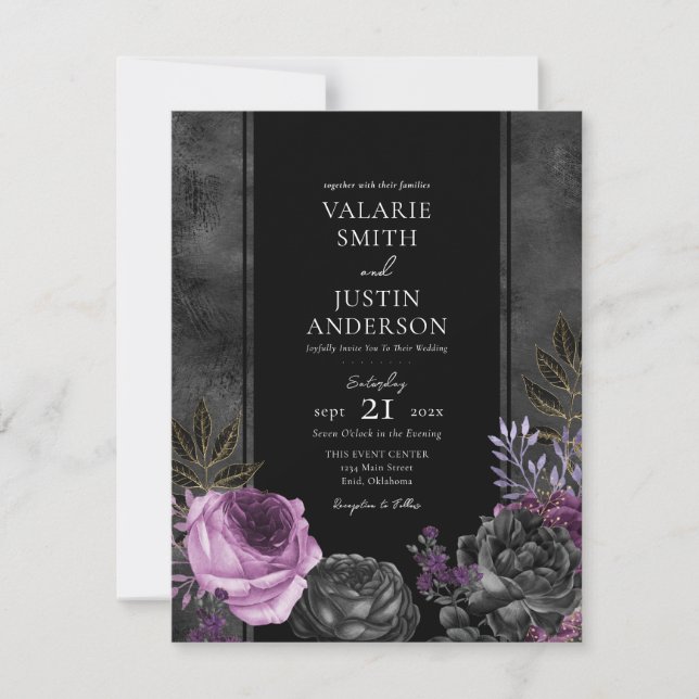 Gothic Wedding Floral Purple and Black Invitation (Front)