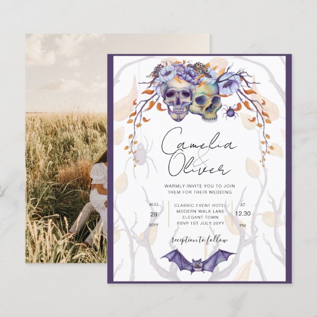 Gothic Wedding Invitation Purple Orange Skulls (Front/Back)