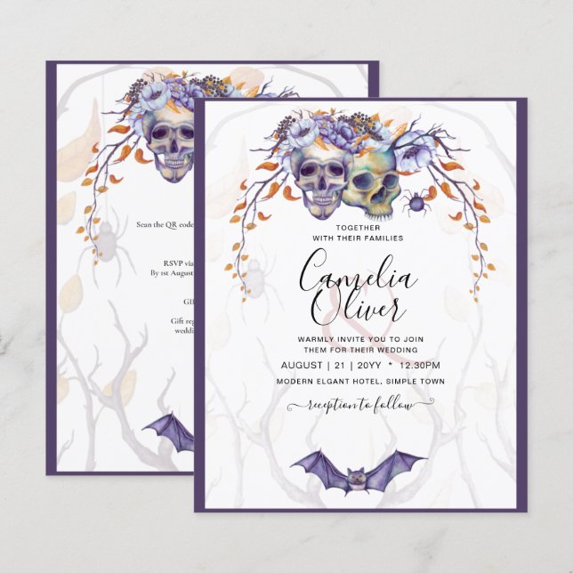 Gothic Wedding Invitation Purple Orange Skulls (Front/Back)
