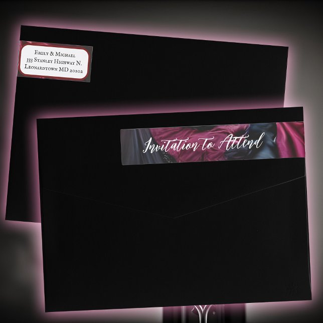 Gothic Wedding Invitation Red Black Satin Elegant Wrap Around Label (Gothic wedding invitation fancy return address labels in elegant red and black.)