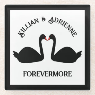 Gothic Wedding Kissing Black Swans Custom Glass Coaster