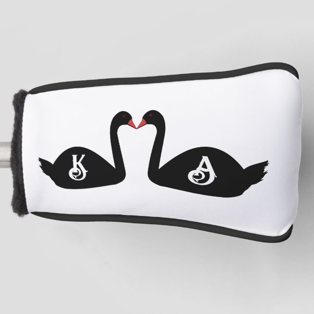 Gothic Wedding Kissing Black Swans Custom Monogram Golf Head Cover (Front)