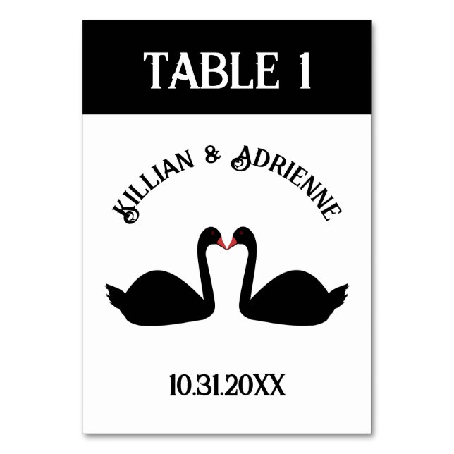 Gothic Wedding Kissing Black Swans Custom Table Number (Front)