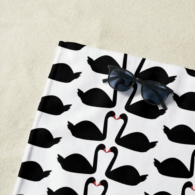 Gothic Wedding Kissing Black Swans Patterned Beach Towel (In Situ)