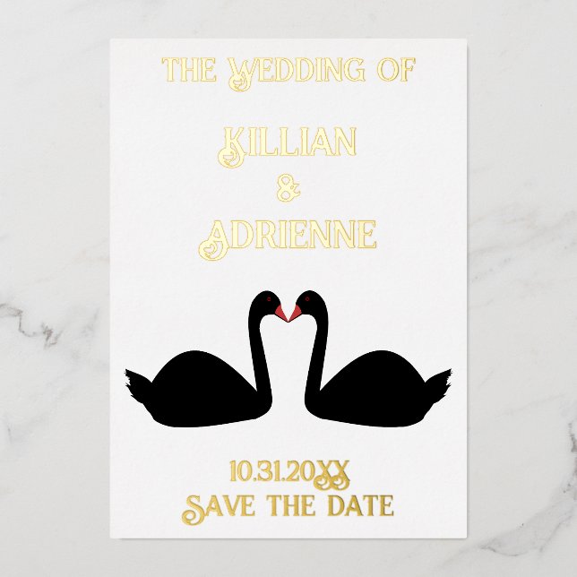 Gothic Wedding Kissing Black Swans Save the Date (Front)
