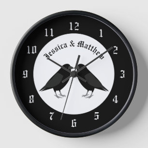Gothic Wedding Kissing Ravens Custom Clock