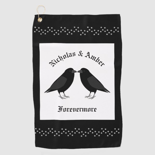 Gothic Wedding Kissing Ravens Custom Golf Towel (Front)