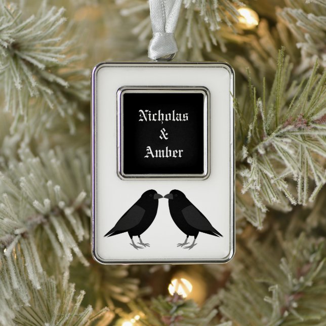 Gothic Wedding Kissing Ravens Custom Silver Plated Framed Ornament (Tree)
