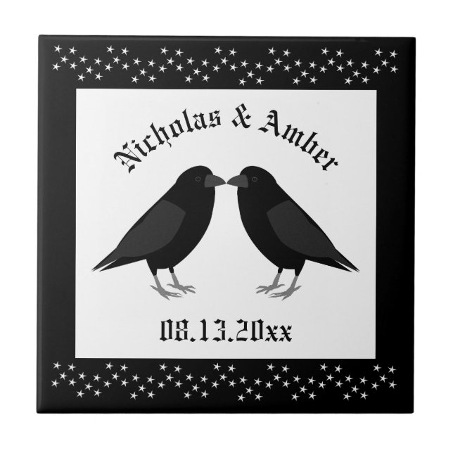 Gothic Wedding Kissing Ravens Custom Tile (Front)