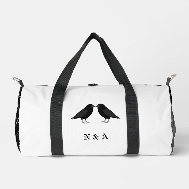 Gothic Wedding Kissing Ravens Monogrammed Duffle Bag (Front)