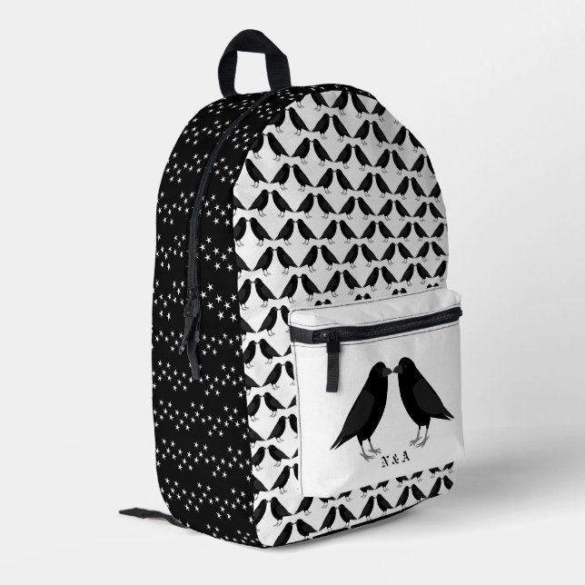 Gothic Wedding Kissing Ravens Monogrammed Printed Backpack (Back Corner Left)