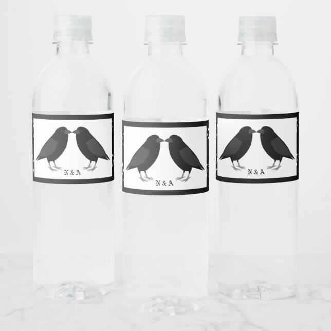 Gothic Wedding Kissing Ravens Monogrammed Water Bottle Label (Bottles)