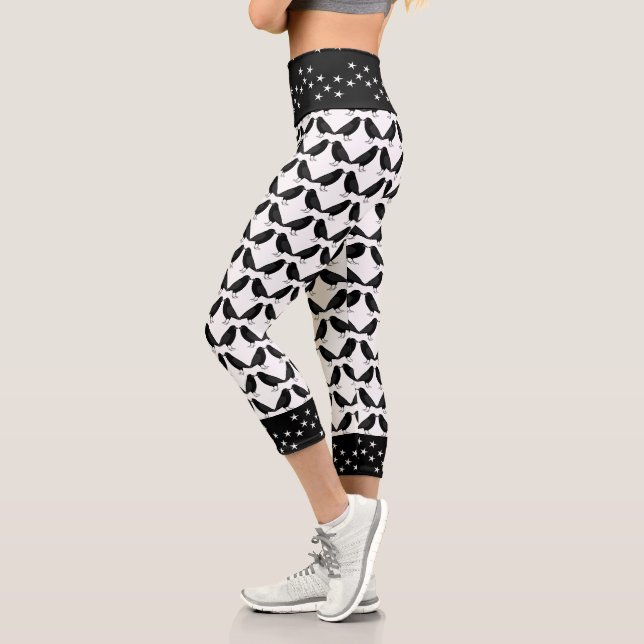 Gothic Wedding Kissing Ravens Patterned Capri Leggings (Left)