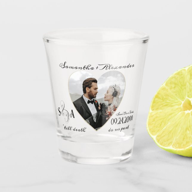 Gothic Wedding Photo Heart Till Death Do Us Part Shot Glass (Front)