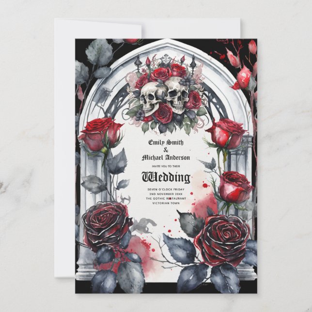 Gothic Wedding Red Black Roses Skulls Arch Invitation (Front)