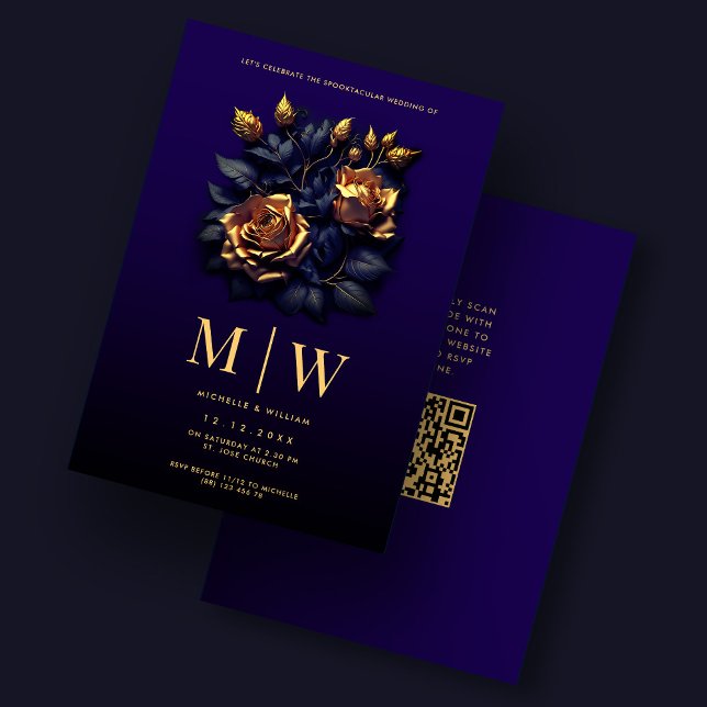Gothic Wedding Roses Elegant Dark Blue Gold Invitation (Gothic Wedding Roses Elegant Dark Blue Gold Invitation
)