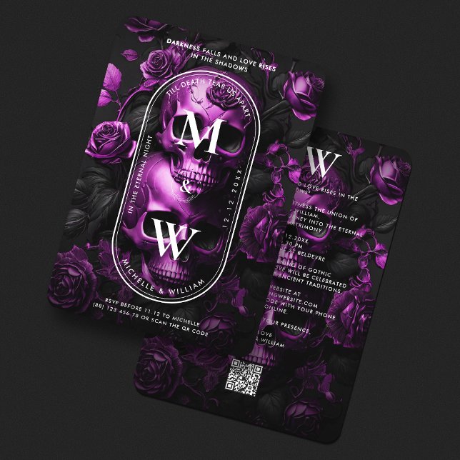 Gothic Wedding Skull Roses Dark Purple Monogram  Invitation (Gothic Wedding Skull Roses Purple Monogram Invitation
)