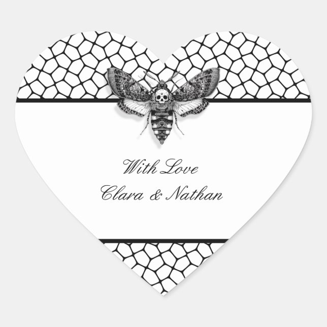 Gothic Wedding Sticker – Moth & Lace Black & White (Front)