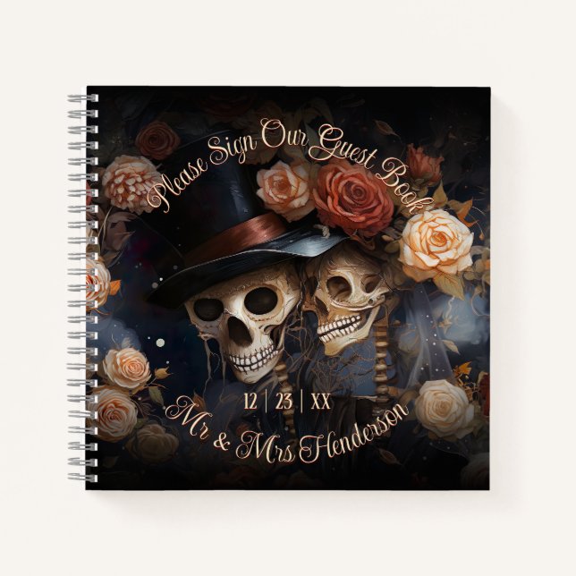 Gothic Wedding Vintage Kissing Skeletons Guestbook Notebook (Front)