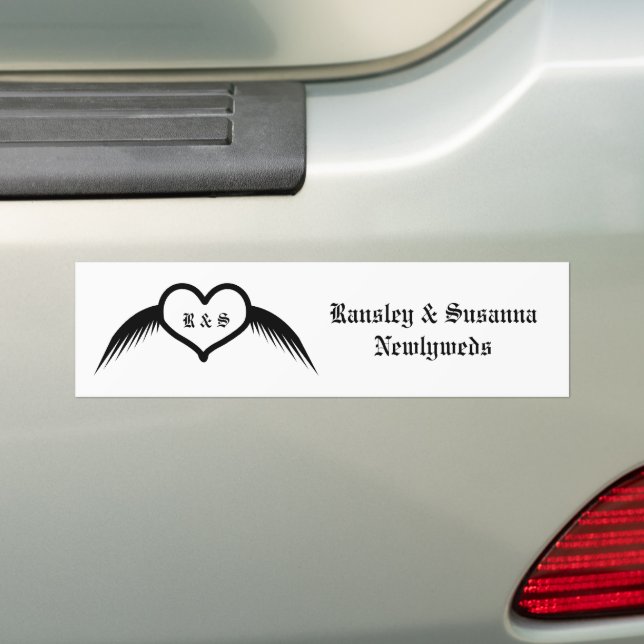 Gothic Wedding Winged Heart Custom Monogrammed Bumper Sticker (On Car)