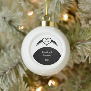 Gothic Wedding Winged Heart Custom Monogrammed Ceramic Ball Christmas Ornament