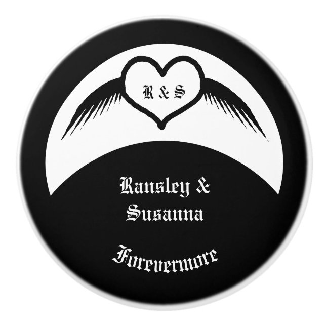 Gothic Wedding Winged Heart Custom Monogrammed Ceramic Knob (Front)