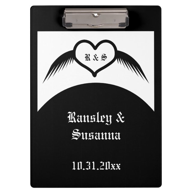 Gothic Wedding Winged Heart Custom Monogrammed Clipboard (Front)