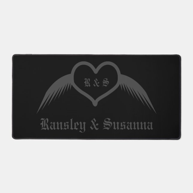 Gothic Wedding Winged Heart Custom Monogrammed Desk Mat (Front)