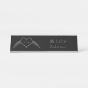 Gothic Wedding Winged Heart Custom Monogrammed Desk Name Plate
