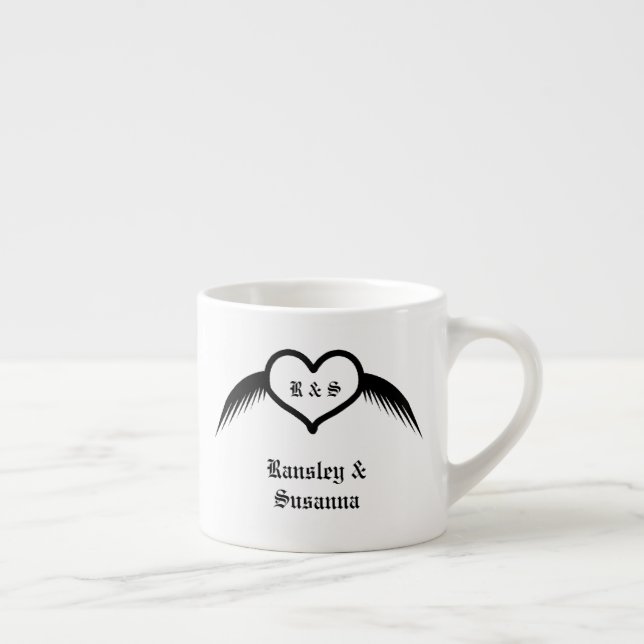 Gothic Wedding Winged Heart Custom Monogrammed Espresso Cup (Right)