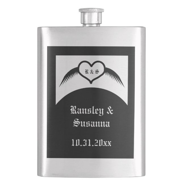 Gothic Wedding Winged Heart Custom Monogrammed Hip Flask (Front)