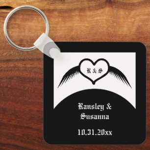 Gothic Wedding Winged Heart Custom Monogrammed Key Ring