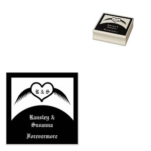 Gothic Wedding Winged Heart Custom Monogrammed Rubber Stamp