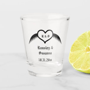 Gothic Wedding Winged Heart Custom Monogrammed Shot Glass