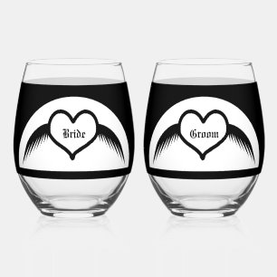 Gothic Wedding Winged Heart Custom Monogrammed Stemless Wine Glass