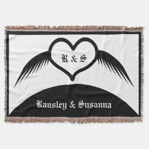 Gothic Wedding Winged Heart Custom Monogrammed Throw Blanket