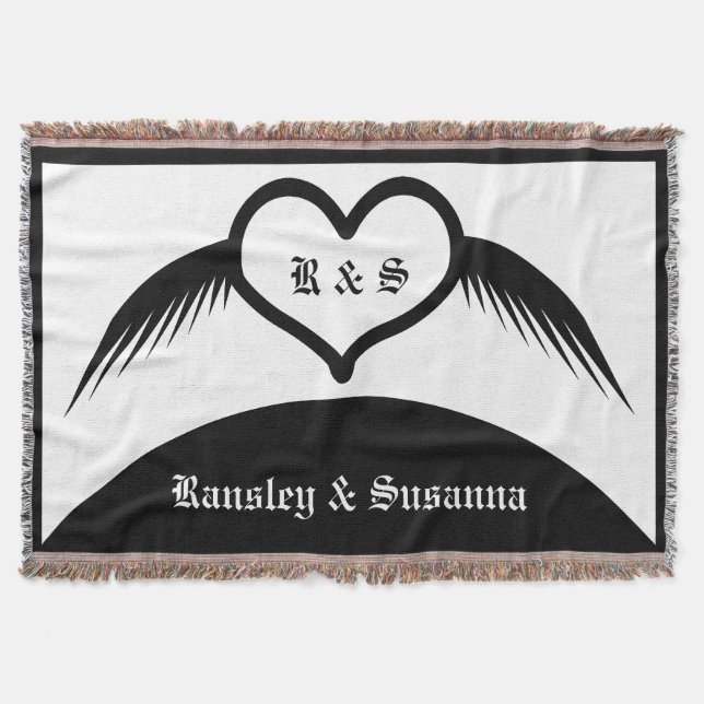 Gothic Wedding Winged Heart Custom Monogrammed Throw Blanket (Front)