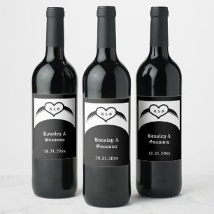 Gothic Wedding Winged Heart Custom Monogrammed Wine Label