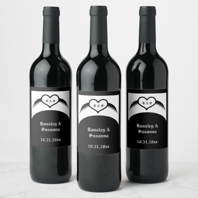 Gothic Wedding Winged Heart Custom Monogrammed Wine Label (Bottles)