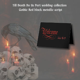 Gothic Welcome Table Card – Red Metallic Script 